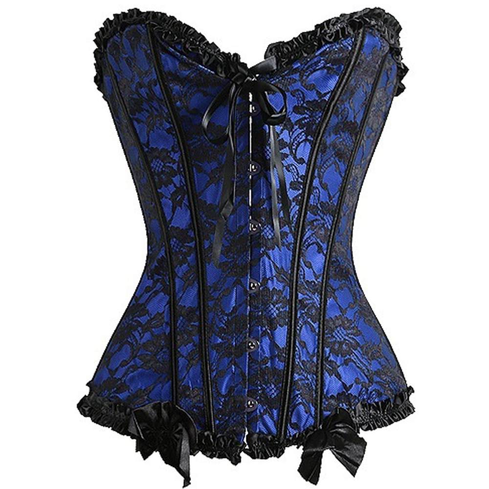 Zac's Alter Ego - Royal Blue /Classic Floral Print Bustier Two Tone Corset Vollbrust Korsett - Blau